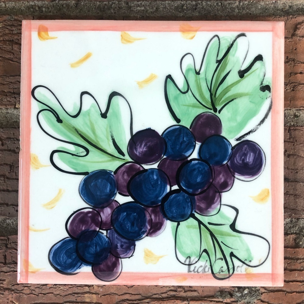 Vintage Hand Painted Grapes Square Ceramic Tile Trivet by Vicki Carroll 6” x 6”